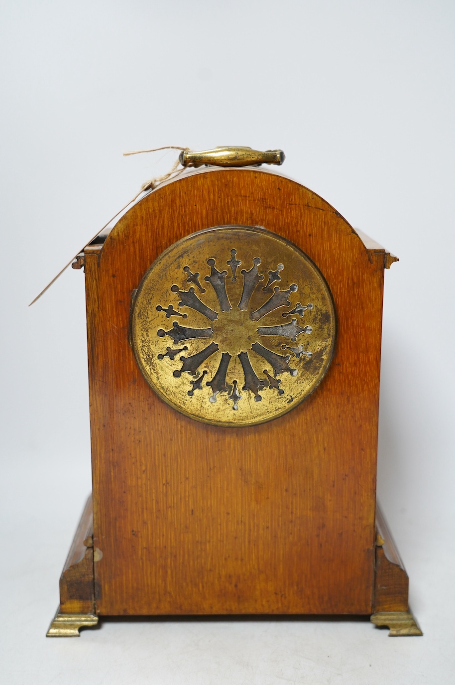 A 19th century mahogany eight day mantel clock with enamel dial and pendulum, 30cm high. Condition - fair, not tested